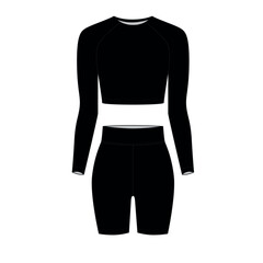 Vector illustration of a fashionable women's slim tracksuit. Short cycling shorts template in black color, vector. Long sleeve crop top template in black color, vector.