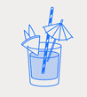 Mai tai cocktail with a pineapple wedge, traw, and umbrella. Line art, retro. Vector illustration for bars, cafes, and restaurants.