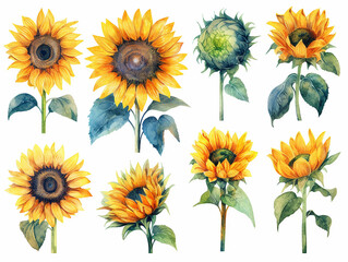 Wall Mural - illustrazione di set di girasoli in stile acquerello su sfondo bianco scontornabile ideale per inviti e biglietti di auguri per matrimoni, creata con intelligenza artificiale