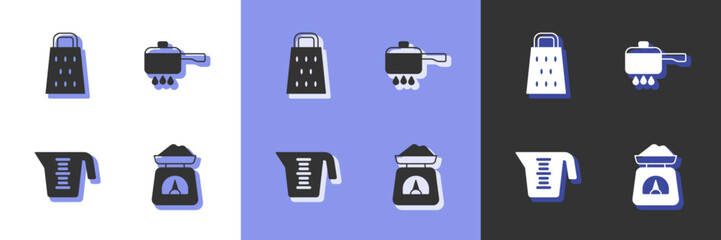 Wall Mural - Set Scales, Grater, Measuring cup and Cooking pot on fire icon. Vector