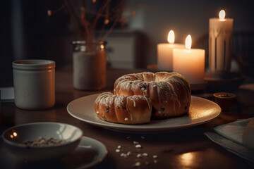 Table decorated with candles, plant and filled with sweets and desserts. Sweet pastries desserts from dinner catering concept. Beautiful cake candles and tea. Realistic 3D illustration. Generative AI