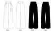 Collection of vector illustrations of wide trousers with tucks and pockets, white and black colors. Technical sketch of high-waisted trousers with waistband, front and back view. 