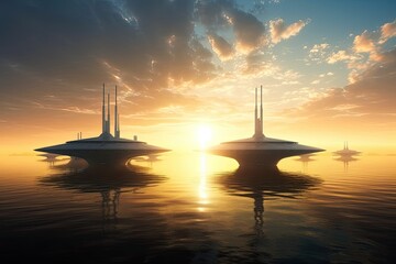 Wall Mural - futuristic ships hovering over a body of water Generative AI