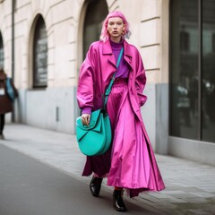 Canvas Print - A woman in a pink coat and a green bag. Generative AI image.