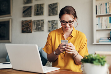 Aufkleber - Phone, laptop and smile with woman in home office for networking, social media and remote worker. Communication, contact and internet with female freelancer for technology, blog and email planning