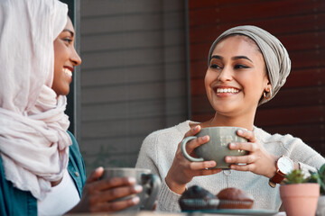 Sticker - Relax, coffee and muslim women in cafe for conversation, food and social. Happy, relax and culture with arabic female customer drinking tea in restaurant for discussion, happiness and meeting