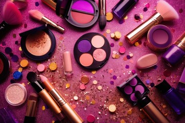a variety of makeup products and confetti sprinkles. generative ai image.