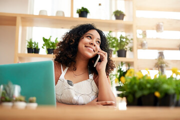 Happy, phone call and plant with woman in small business for planning, networking and conversation. Entrepreneurship, startup and technology with female botanist for nature, green and garden shop