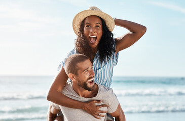 Wall Mural - Beach, piggyback and excited woman with happy man on romantic summer holiday with waves and travel to ocean. Romance, happiness and couple at sea for adventure date on vacation together in Mexico.