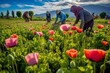 An image of farmers harvesting poppies for medicinal. Generative AI