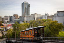 Historic Angels Flight Funicular Railway With Downtown Los Angeles Cityscape
