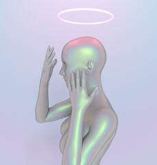 Aufkleber - Bald woman with a halo above her head. 3D surreal illustration of an artificial human or robot.