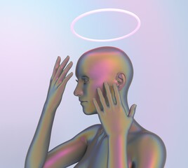 Aufkleber - Bald woman with a halo above her head. 3D surreal illustration of an artificial human or robot.