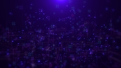 Aufkleber - Abstract digital big data structure futuristic network connection technology Illustration. Basic geometric shape with binary number code purple color background.
