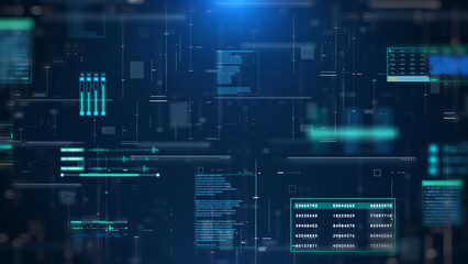 Leinwandbilder - Futuristic user interface infographic with digital hologram information display. HUD system technology. Aerial landscape view illustration background.