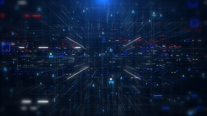 Leinwandbilder - Technology digital futuristic cyberspace data network structure concept background. Blue future scifi transmission line front perspective view background.