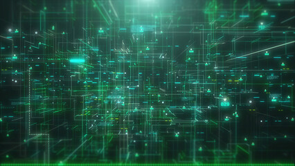 Leinwandbilder - HUD futuristic UI transferring data simulation template concept 4K motion. Green AI analytic platform concept technology background