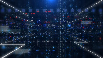 Leinwandbilder - Technology digital futuristic cyberspace data network structure concept background. Blue future scifi transmission line front perspective view background.