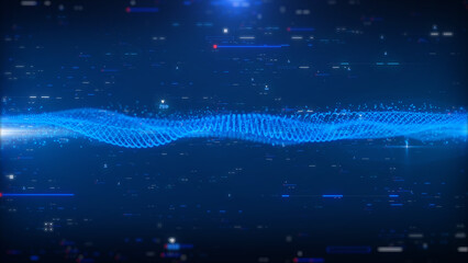 Technology digital defocused grid pattern wave moving, swirl in hud ui system concept. Blue cyber space data network communication illustration background