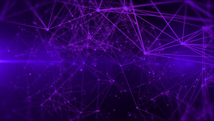 Leinwandbilder - Technology digital purple low poly connection flowing wave with glow lens flare futuristic structure. Big data visualization illustration background.