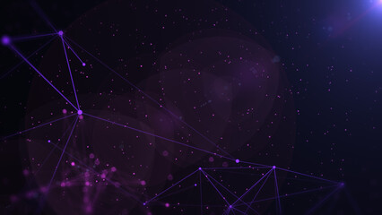 Leinwandbilder - Technology digital purple low poly connection flowing wave with glow lens flare futuristic structure. Big data visualization illustration background.