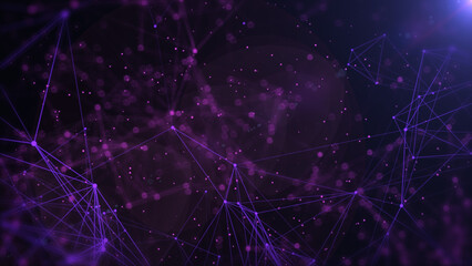 Leinwandbilder - Technology digital purple low poly connection flowing wave with glow lens flare futuristic structure. Big data visualization illustration background.