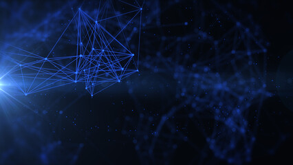 Leinwandbilder - Abstract low polygonal blue cyberspace network connection flowing structure with horizontal flickering lens flare illustration background.