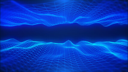 Fototapete - Abstract technology futuristic blue dynamic wave data flowing landscape horizontal tunnel illustration concept background.