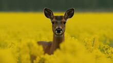 A Young Deer In The Yellow Rapeseed Field. Generative AI