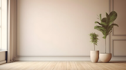 Wall Mural - Empty room interior background, beige wall, pot with plant, wooden flooring 3d rendering