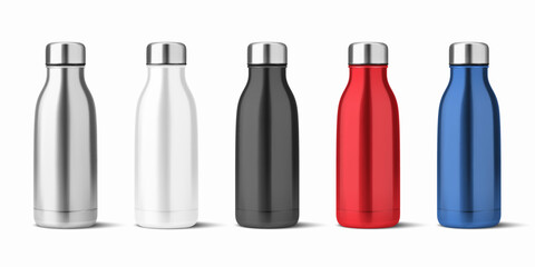 Wall Mural - Vector Realistic 3d White, Silver, Black, Red, Blue Empty Glossy Metal Reusable Water Bottle with Silver Bung Set Closeup Isolated. Design template of Packaging Mockup. Front View