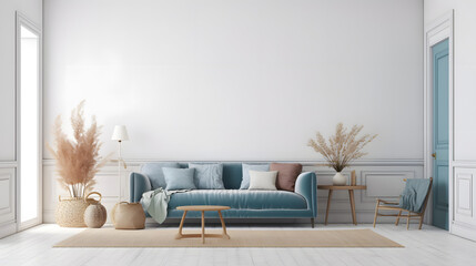 home interior mock-up with blue sofa, wooden table and decor in white living room, panorama