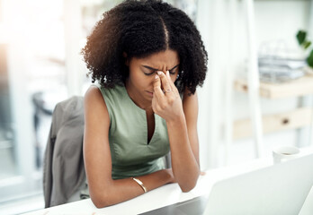 Wall Mural - Stress, anxiety or black woman in company with headache pain from job pressure or burnout fatigue in office. Bad migraine problem, business or tired girl employee depressed or frustrated by deadline