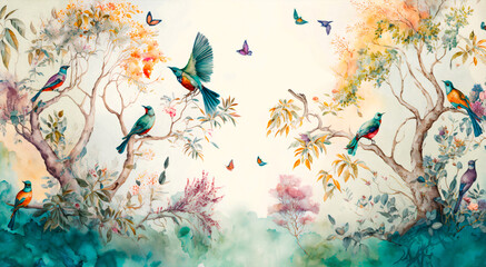 watercolor painting of a forest landscape with birds, butterflies and trees, in colors consistent st