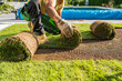 Rolls of Natural Grass Turfs Being Installed Inside a Backyard Garden