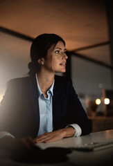 Canvas Print - Thinking, overtime and woman in modern office reading email or report online at legal agency. Corporate night work, ideas and internet research, female lawyer and working late on proposal at law firm