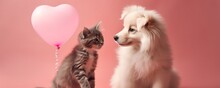 Puppy And Kitten On Pink Background, Generative Ai