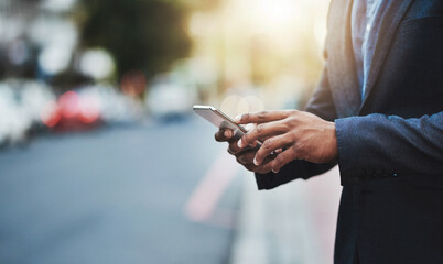 Aufkleber - City, phone and hands of business man for networking, online website and social media contact. Communication, travel and male person on smartphone for email, research and digital map app in street