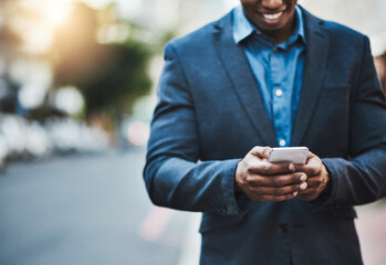 Aufkleber - Business mockup, phone and man in city for networking, online website and social media contact. Communication, mobile app and male person on smartphone for email, research and travel gps in street