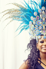 Samba, dance and carnival with portrait of woman in colorful costume for celebration, party and festival in rio de janeiro with mockup. Performance, culture and music with half face of girl for event