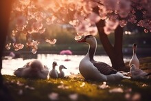 Goose With A Family At Bossom Tree Background Made With Generative AI