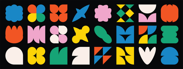 set of abstract retro geometric shapes vector. collection of contemporary figure, flower, stars in 7