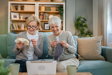 Wall Mural - two women senior mature knitting and embroidery during leisure time