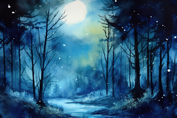 Poster - Watercolor painting of a forest in the night. Ai generated