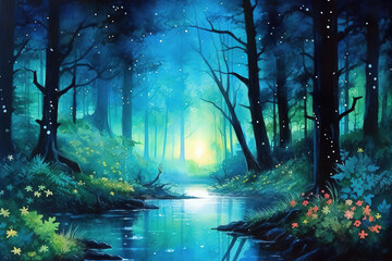 Sticker - Watercolor painting of a forest in the night. Ai generated