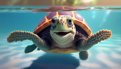 Wall Mural - Happy Turtle having fun at summer holidays in a swiming in pool Ai generated image