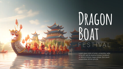 Sticker - Happy Dragon Boat Festival. Dragon Boat in River for Rowing Competition . Banner for Duanwu Festival. AI Generative Image