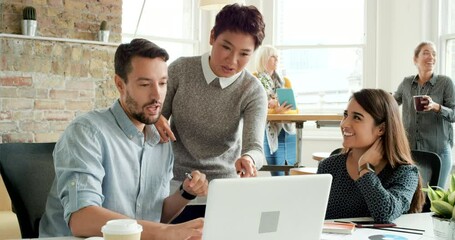 Poster - Leadership, collaboration or business people on laptop for project management, marketing analytics or digital data review. Teamwork, meeting or consulting for creative vision, mission or target goal