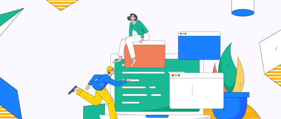 Programming teaching development flat character vector concept operation hand drawn illustration
