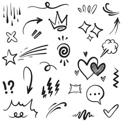 Wall Mural - Vector set of hand-drawn cartoony expression sign doodle, curve directional arrows, emoticon effects design elements, cartoon character emotion symbols, cute decorative brush stroke lines.